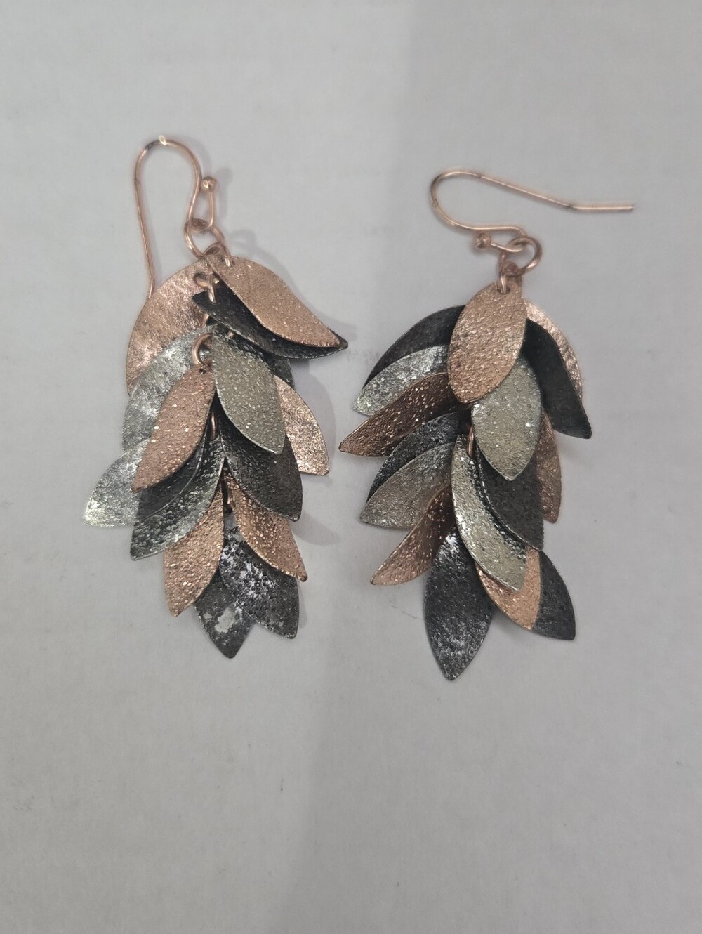 Dangle Leaf Cluster Earrings in Rose Gold and Gunmetal 2in Long
